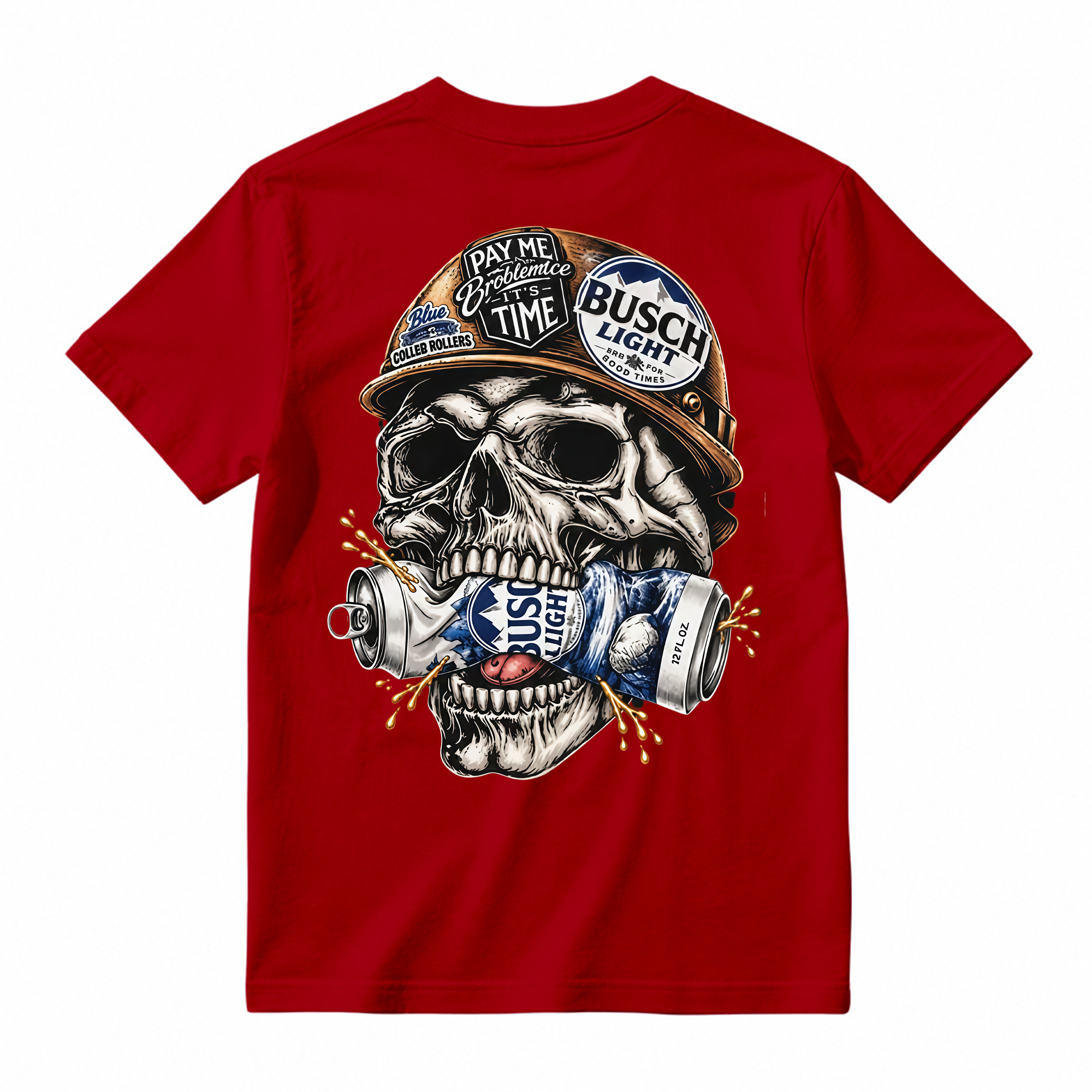 Vintage Skull Hardhat Graphic Tee Unisex Skeleton Drink Can Back Print Casual Short Sleeve T Shirt