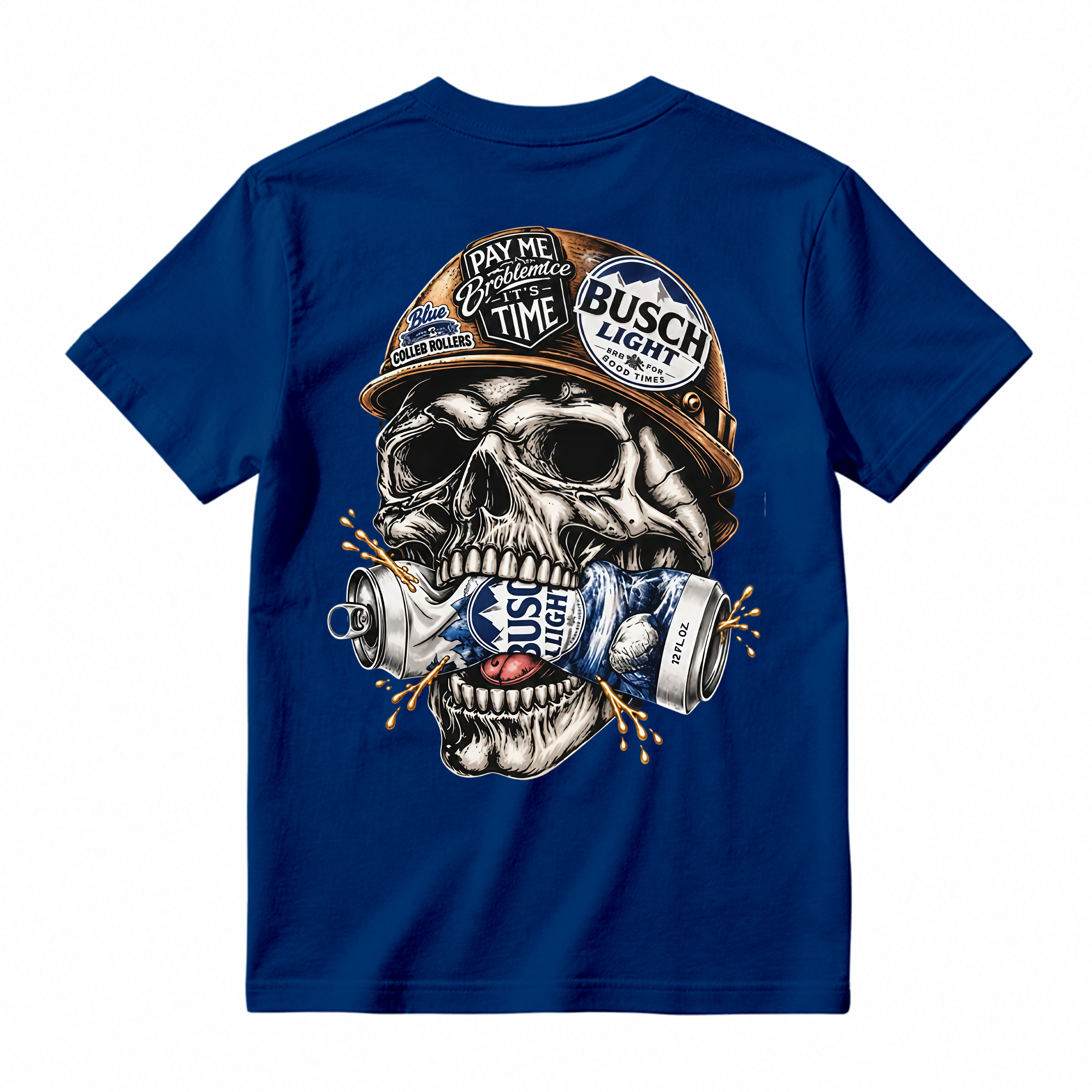 Vintage Skull Hardhat Graphic Tee Unisex Skeleton Drink Can Back Print Casual Short Sleeve T Shirt