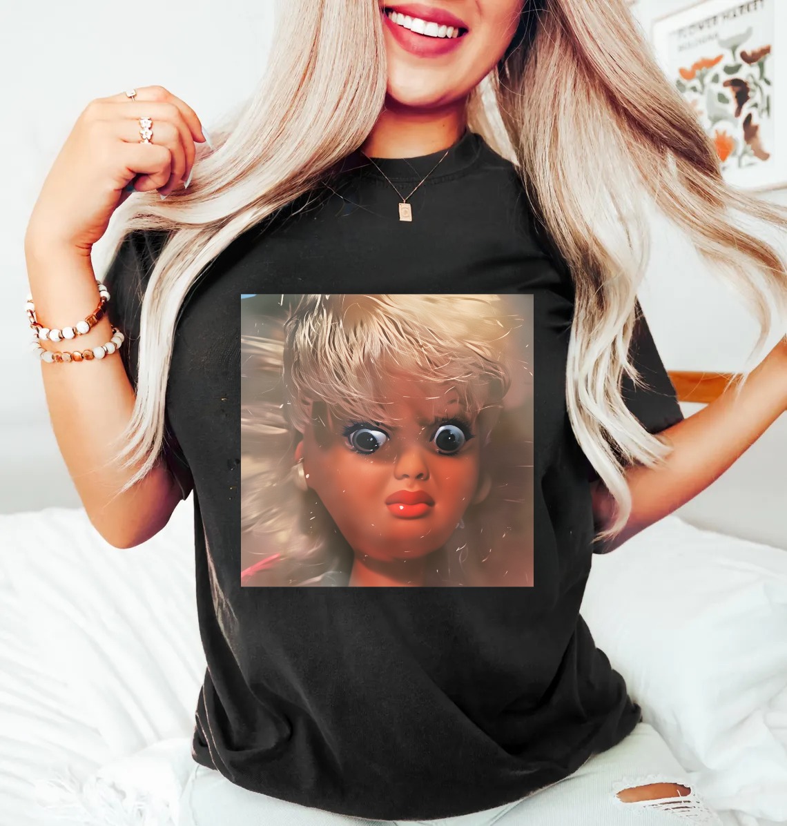 Unique and Fun Doll-Shaped Girl Emoji 100% Cotton Washed T-shirt.