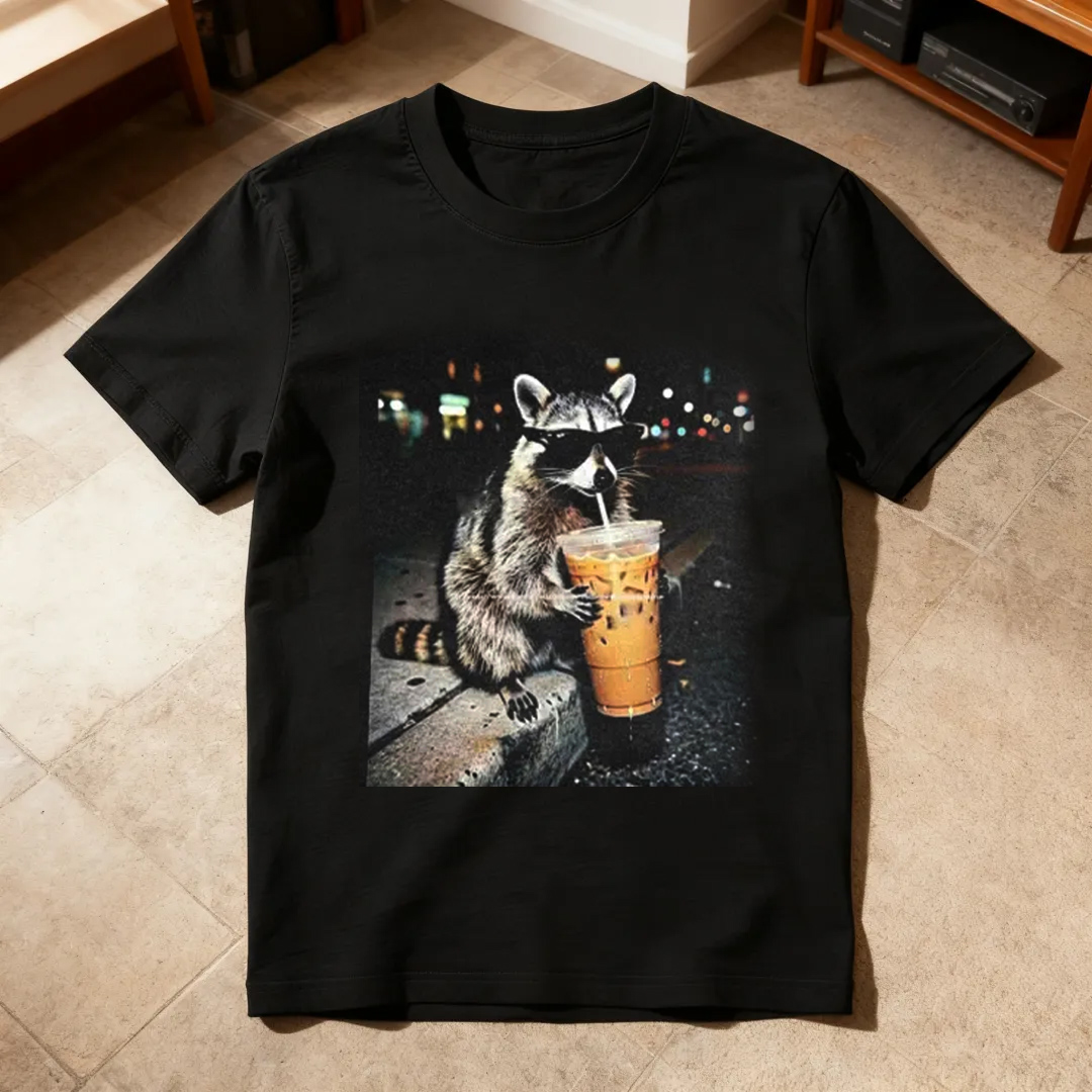 Raccoon Drinking Iced Coffee With Straws tshirt 100% cotton