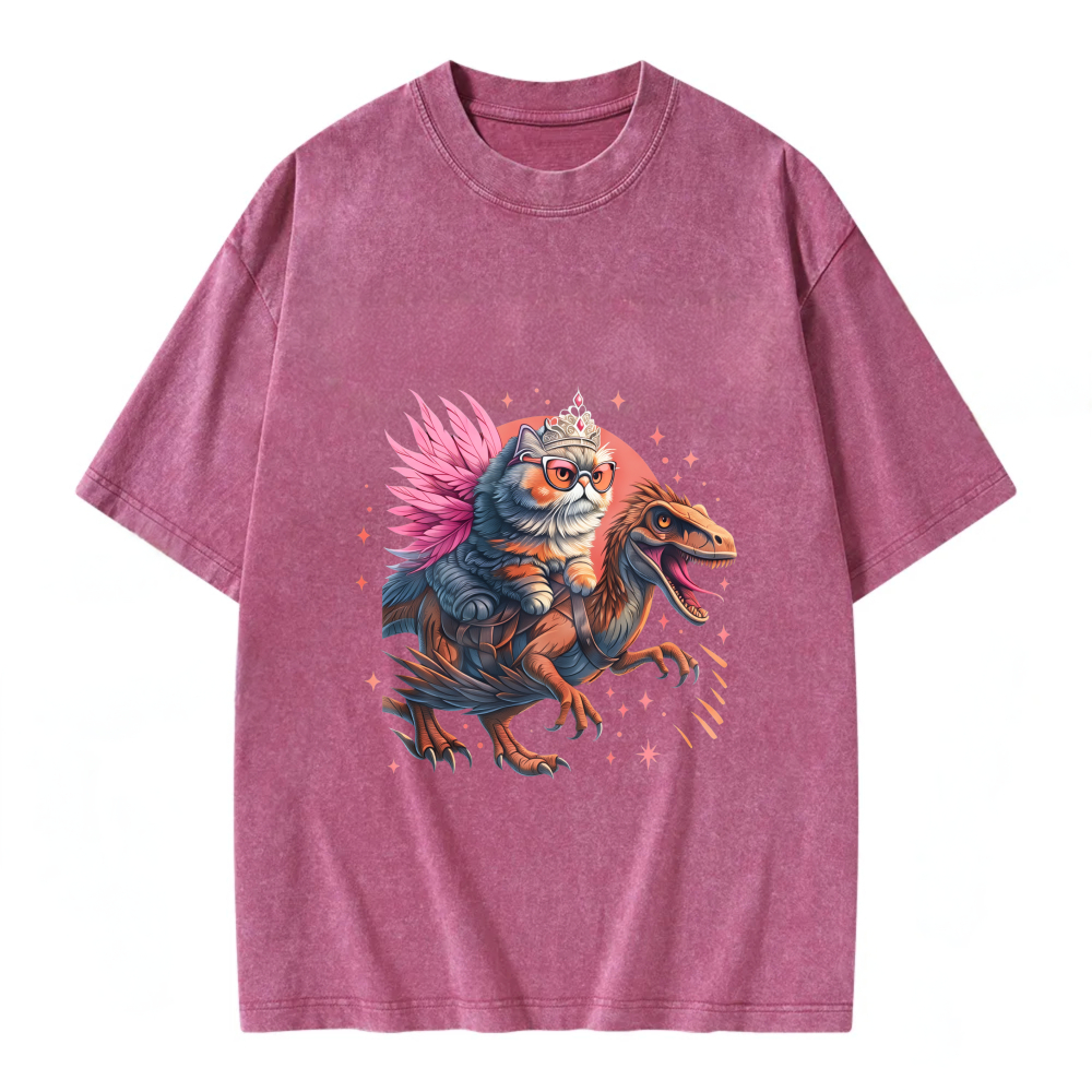Unisex Washable T-shirt Cat Riding Dinosaur With Crown