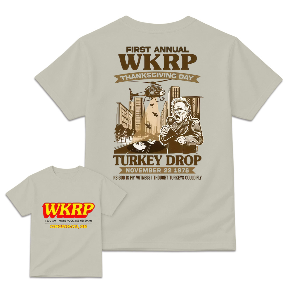 WKRP Theme 1st Annual Thanksgiving Shirt Cotton Graphic Tee - Cincinnati Themed, Basic, Relaxed Cut, Casual Fit, Comfortable, Short Sleeve, Round Neck, , Sports Top