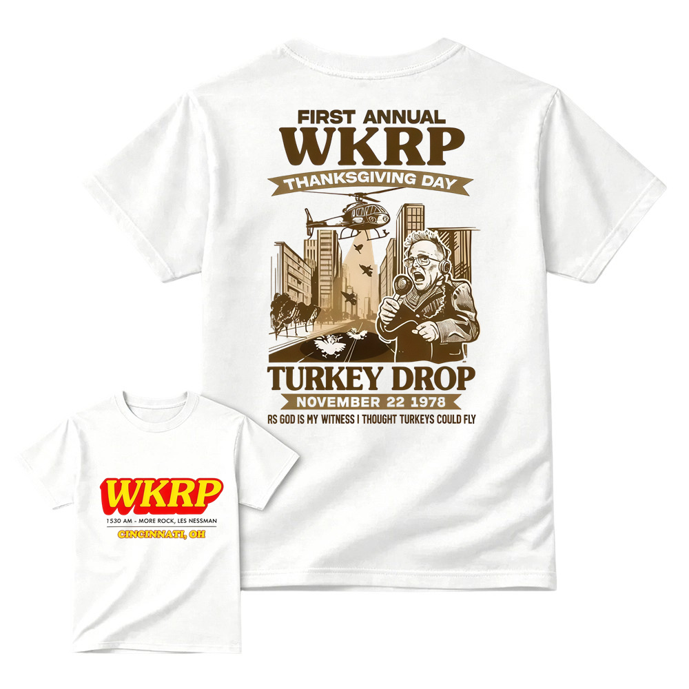 WKRP Theme 1st Annual Thanksgiving Shirt Cotton Graphic Tee - Cincinnati Themed, Basic, Relaxed Cut, Casual Fit, Comfortable, Short Sleeve, Round Neck, , Sports Top