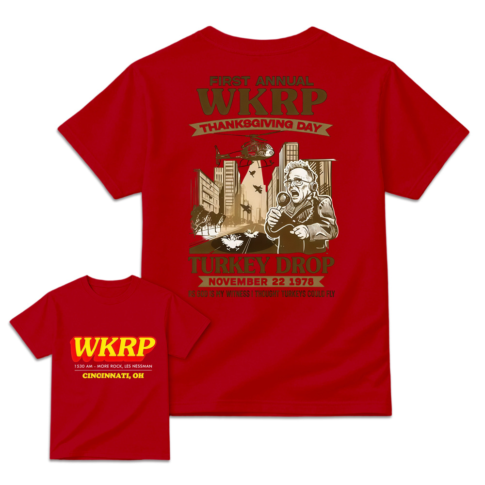 WKRP Theme 1st Annual Thanksgiving Shirt Cotton Graphic Tee - Cincinnati Themed, Basic, Relaxed Cut, Casual Fit, Comfortable, Short Sleeve, Round Neck, , Sports Top