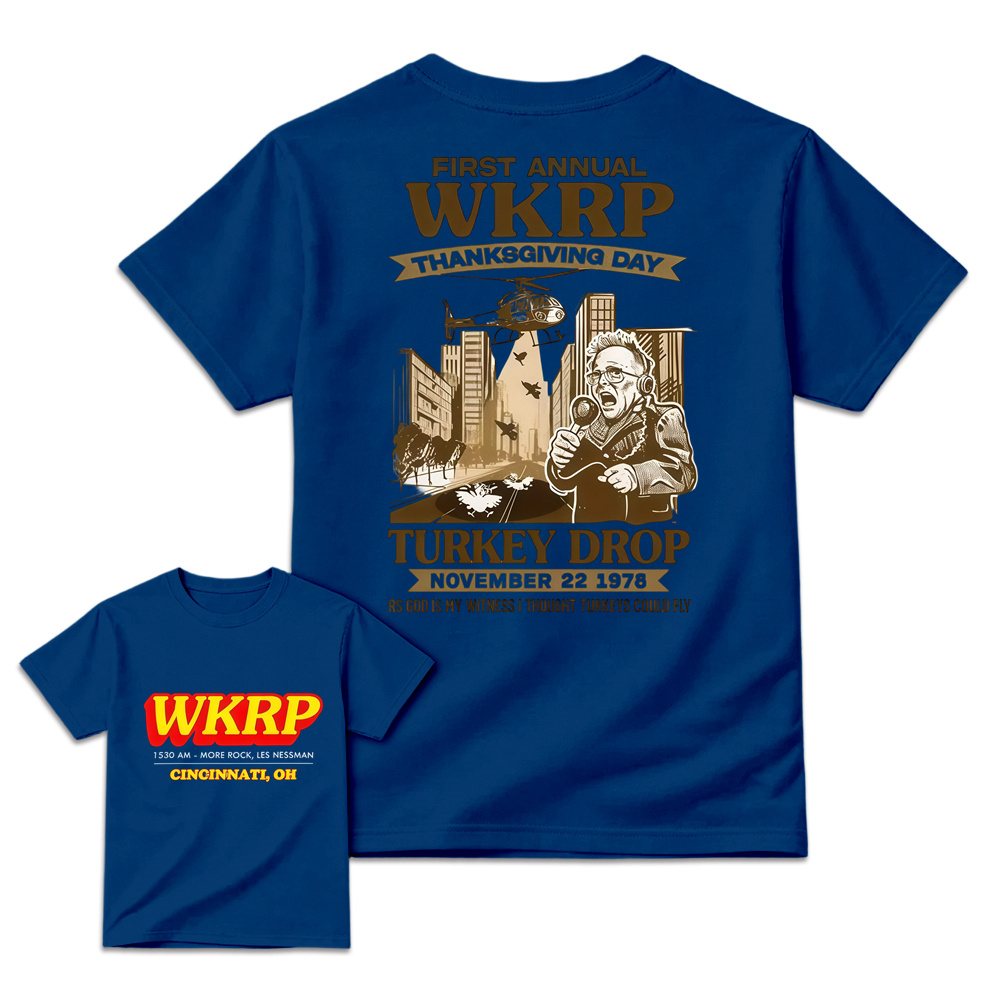 WKRP Theme 1st Annual Thanksgiving Shirt Cotton Graphic Tee - Cincinnati Themed, Basic, Relaxed Cut, Casual Fit, Comfortable, Short Sleeve, Round Neck, , Sports Top
