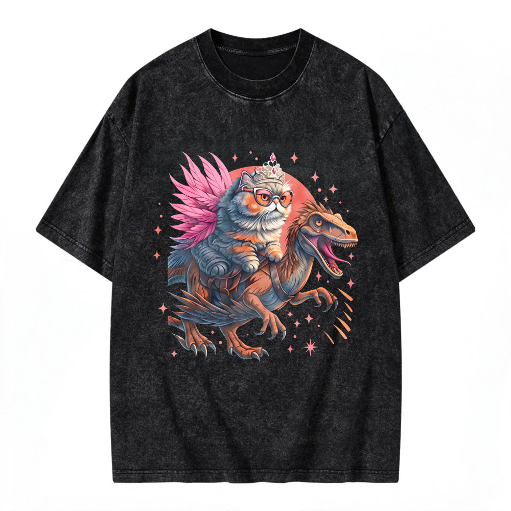 Unisex Washable T-shirt Cat Riding Dinosaur With Crown