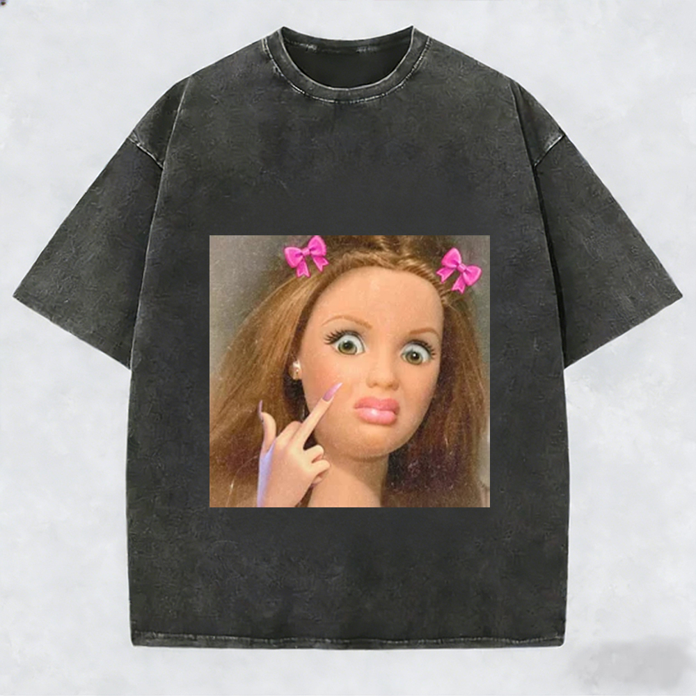 Unique and Fun Doll-Shaped Girl Emoji 100% Cotton Washed T-shirt.