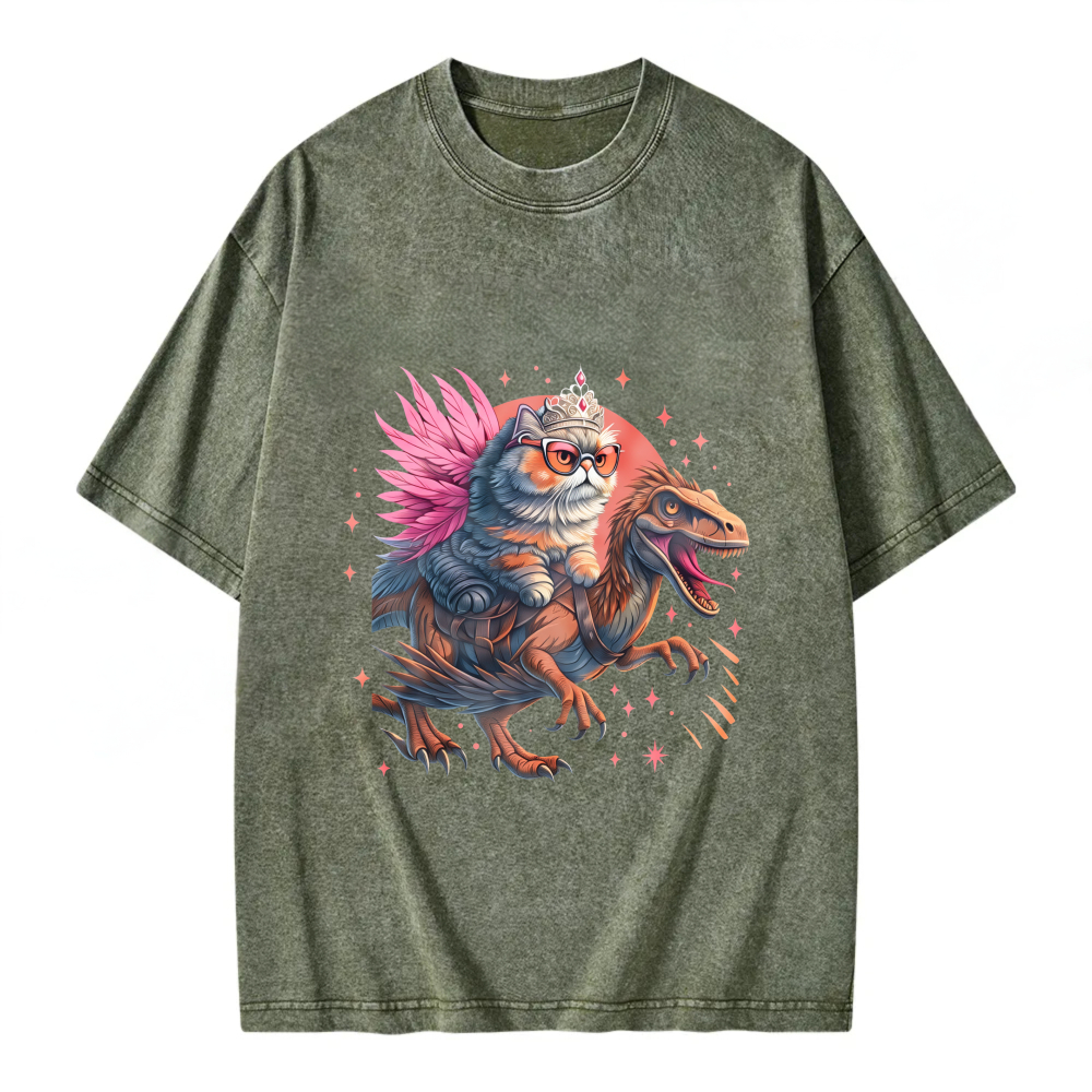 Unisex Washable T-shirt Cat Riding Dinosaur With Crown