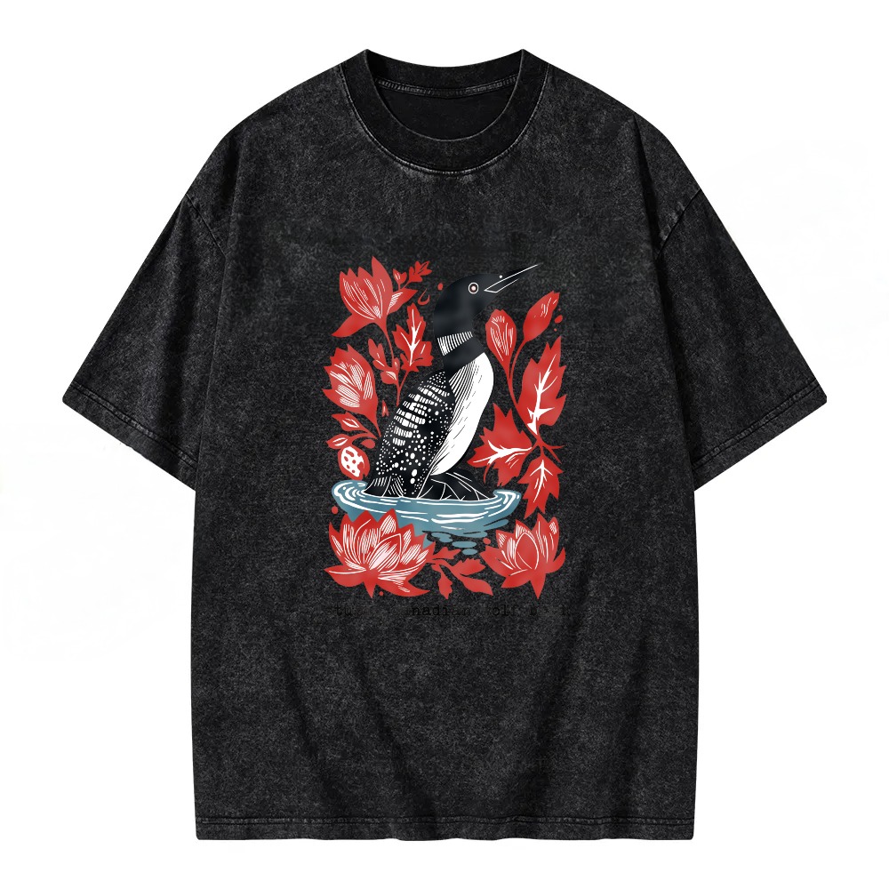 Unisex Washable T-shirt Loon Bird Floral Red Leaves