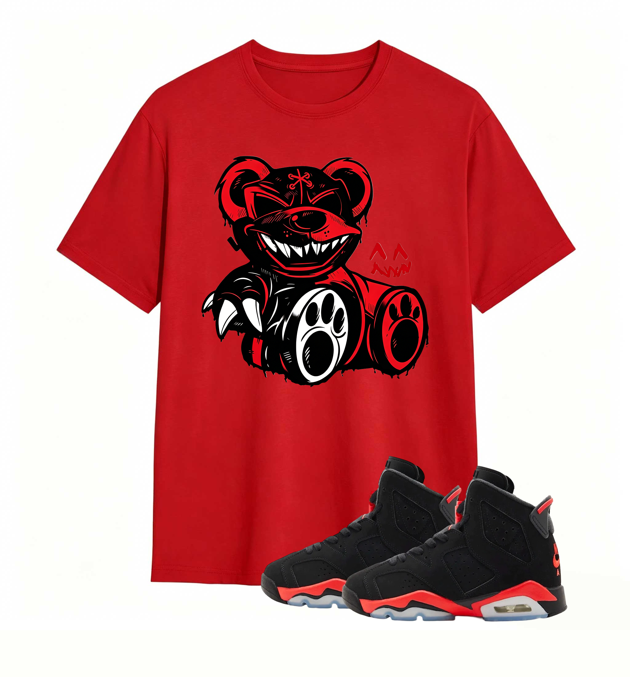 Red-accent bear graphic tee, elevates my AJ6 fit