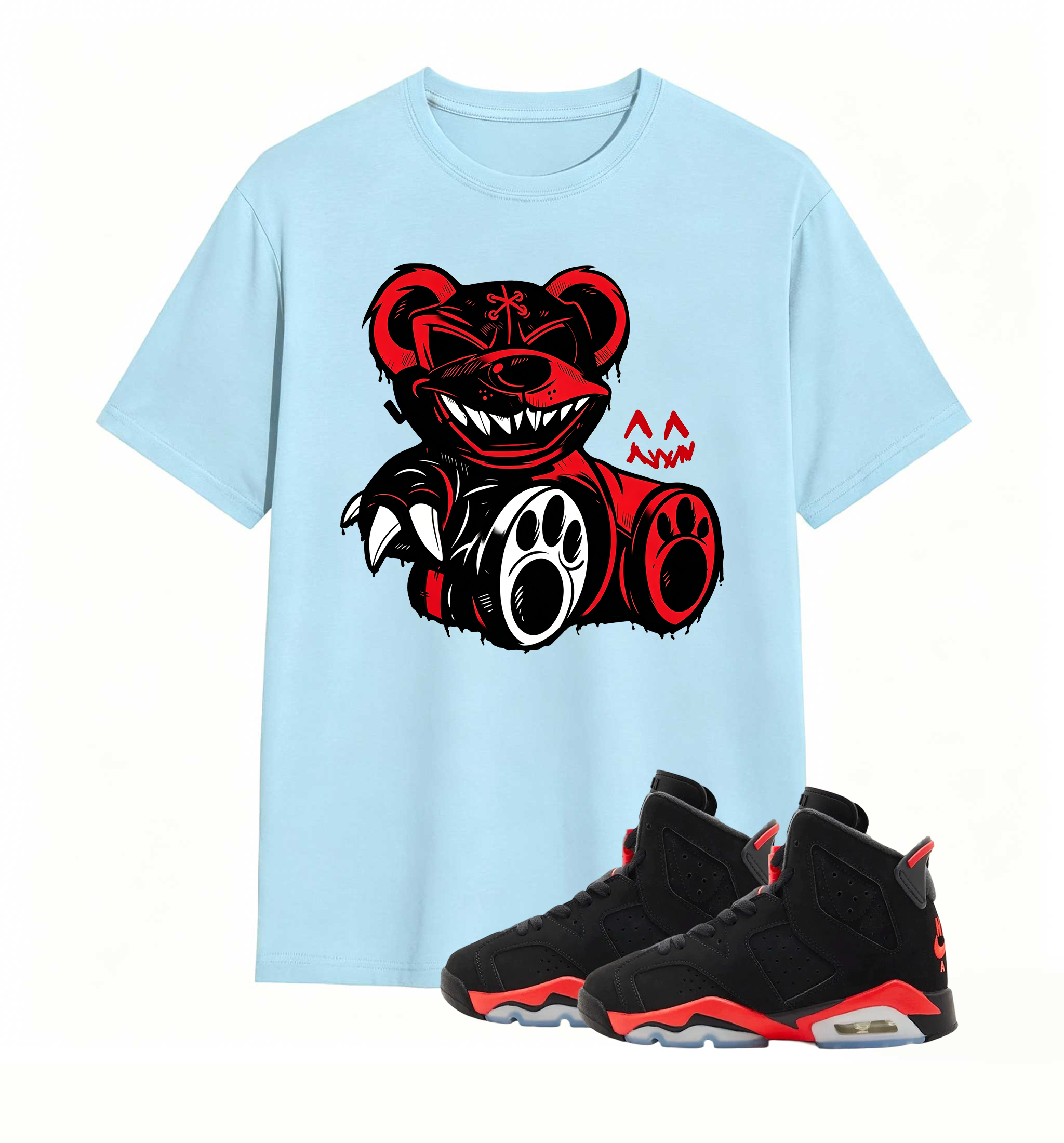 Red-accent bear graphic tee, elevates my AJ6 fit