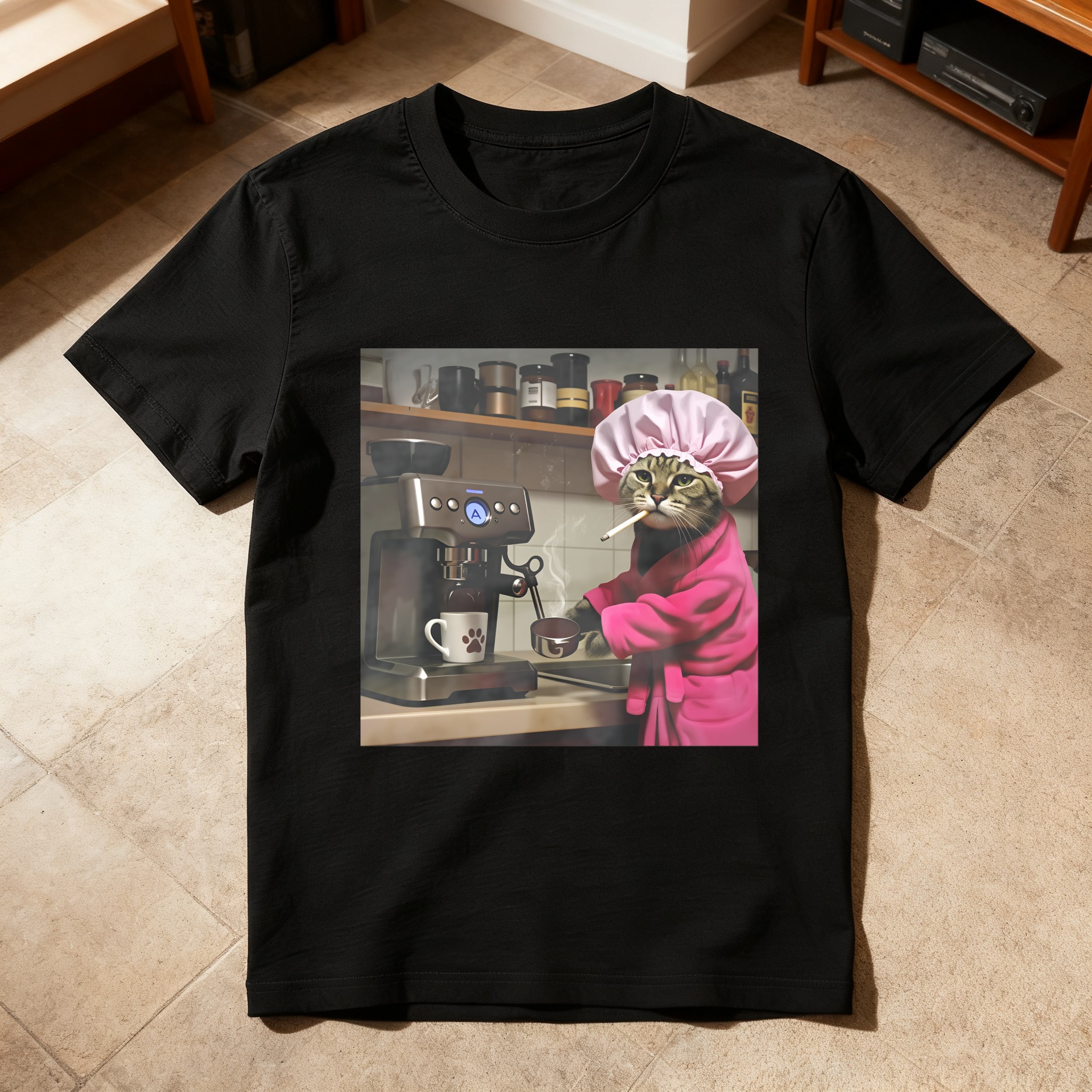 Cat In Chef Hat Making Coffee tshirt 100% cotton