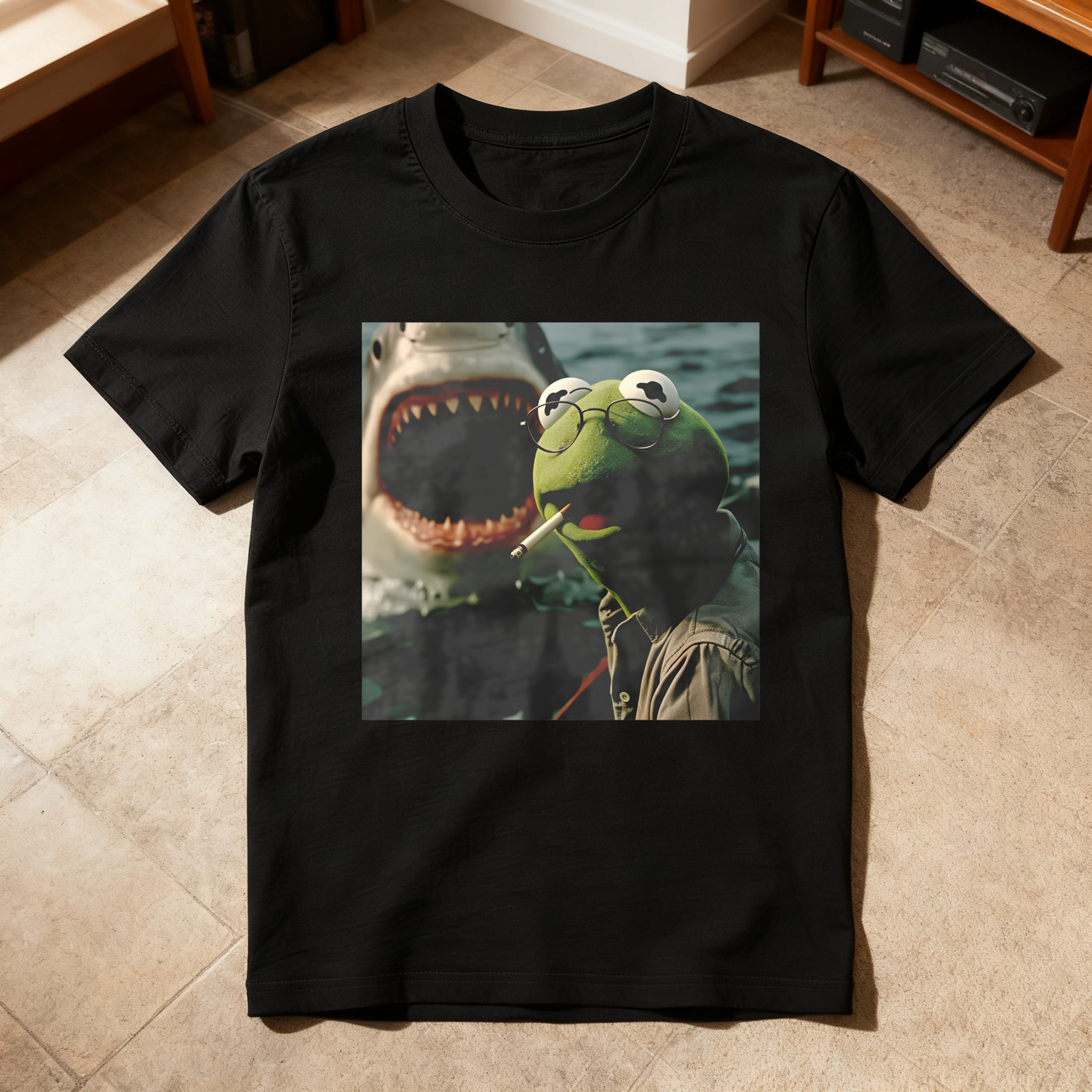 Kermit The Frog Shark Behind tshirt 100% cotton