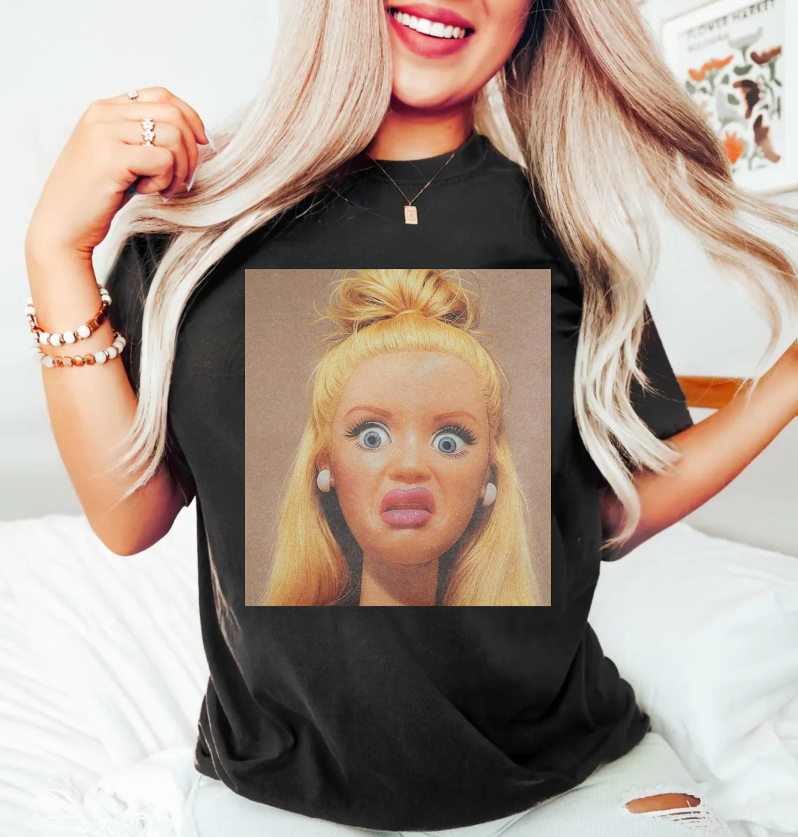 Unique and Fun Doll-Shaped Girl Emoji 100% Cotton Washed T-shirt.