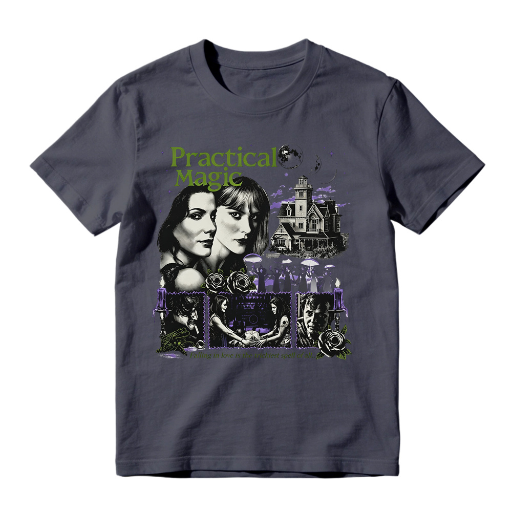 Vintage Witch Dark Magic Graphic Tee Unisex Rose Moon House Print Casual Short Sleeve T Shirt