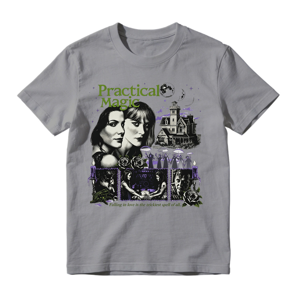 Vintage Witch Dark Magic Graphic Tee Unisex Rose Moon House Print Casual Short Sleeve T Shirt