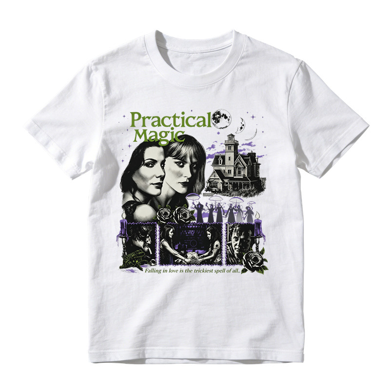 Vintage Witch Dark Magic Graphic Tee Unisex Rose Moon House Print Casual Short Sleeve T Shirt
