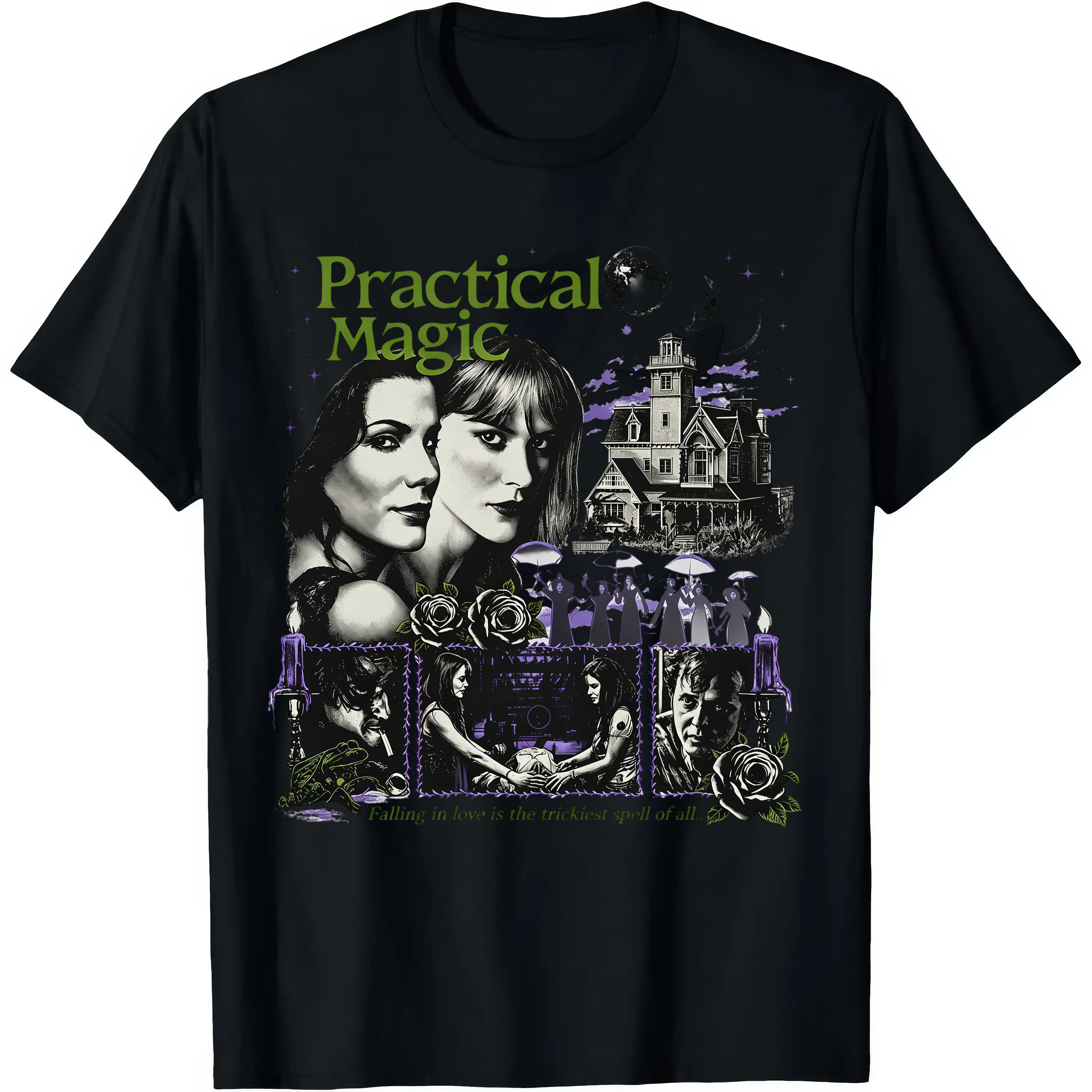 Vintage Witch Dark Magic Graphic Tee Unisex Rose Moon House Print Casual Short Sleeve T Shirt