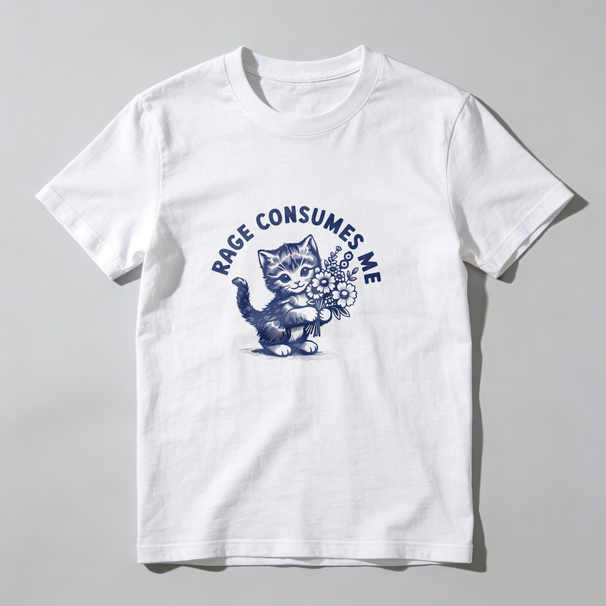 Rage Consumes Me Cat With Flowers tshirt 100% cotton