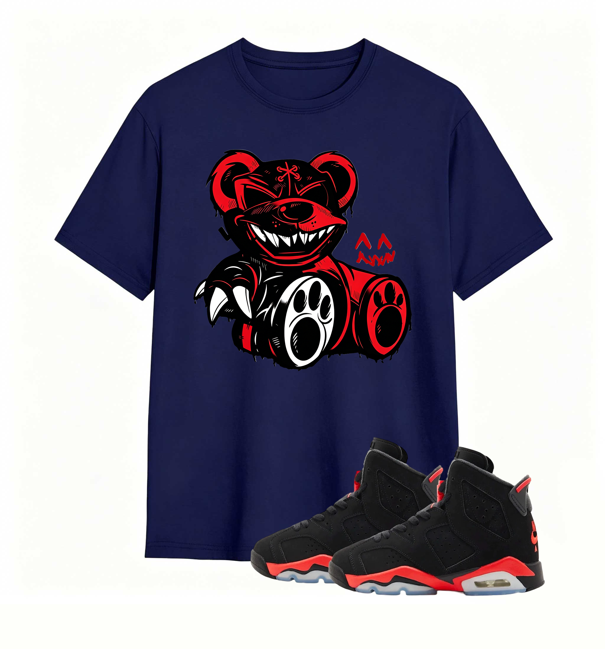 Red-accent bear graphic tee, elevates my AJ6 fit