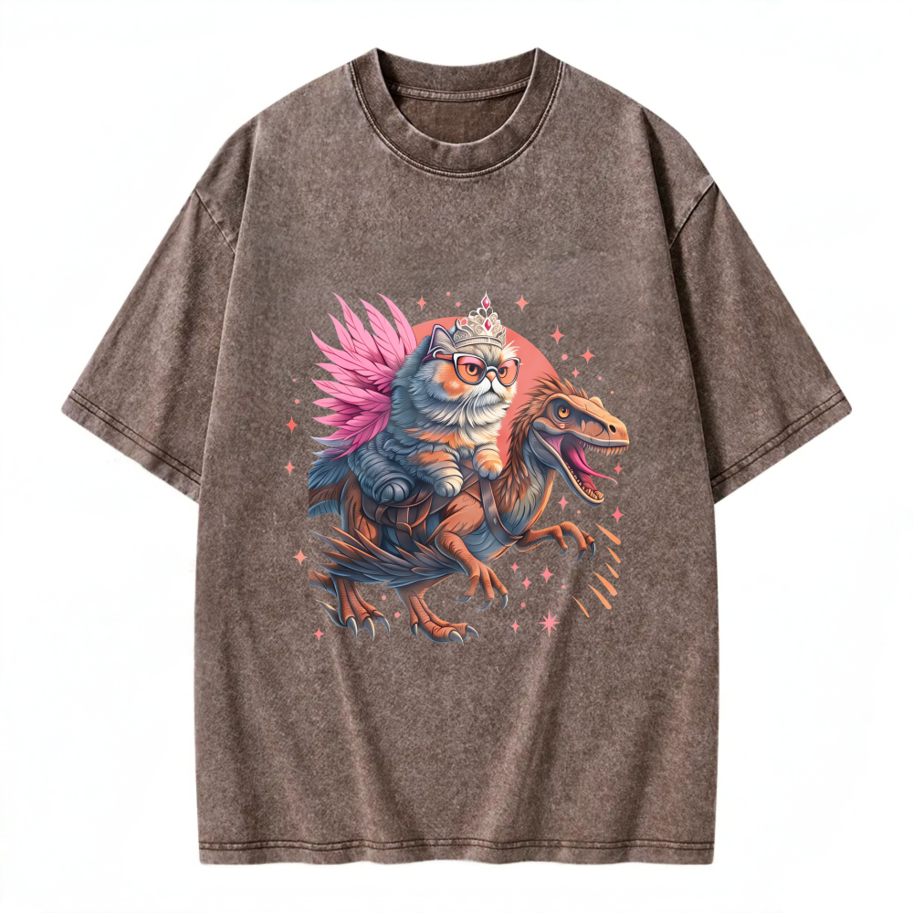 Unisex Washable T-shirt Cat Riding Dinosaur With Crown