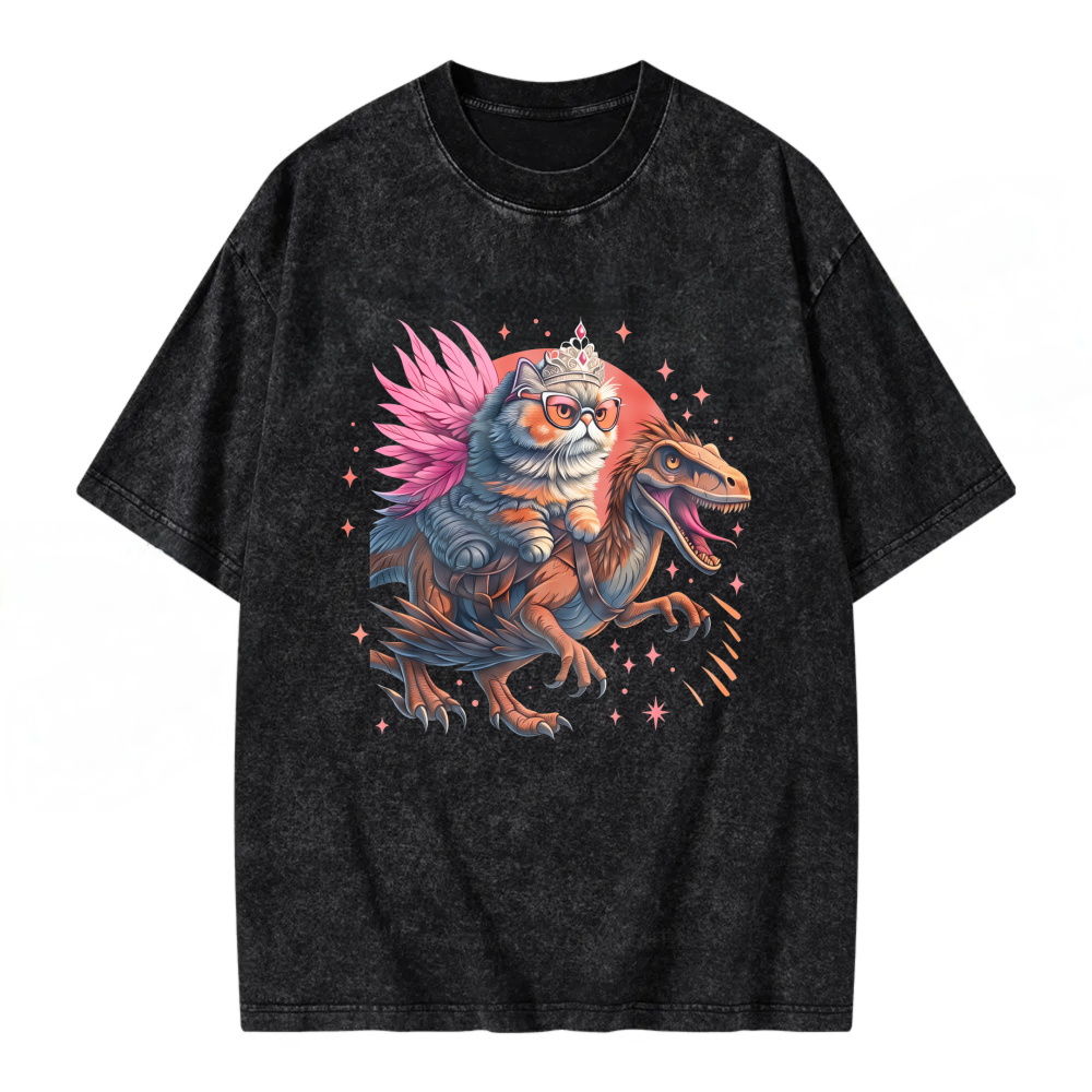 Unisex Washable T-shirt Cat Riding Dinosaur With Crown