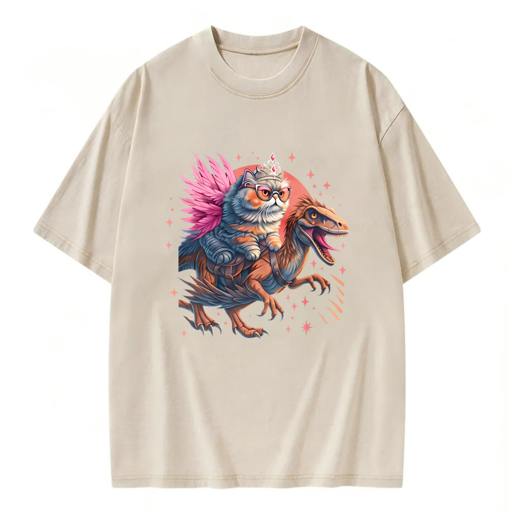 Unisex Washable T-shirt Cat Riding Dinosaur With Crown