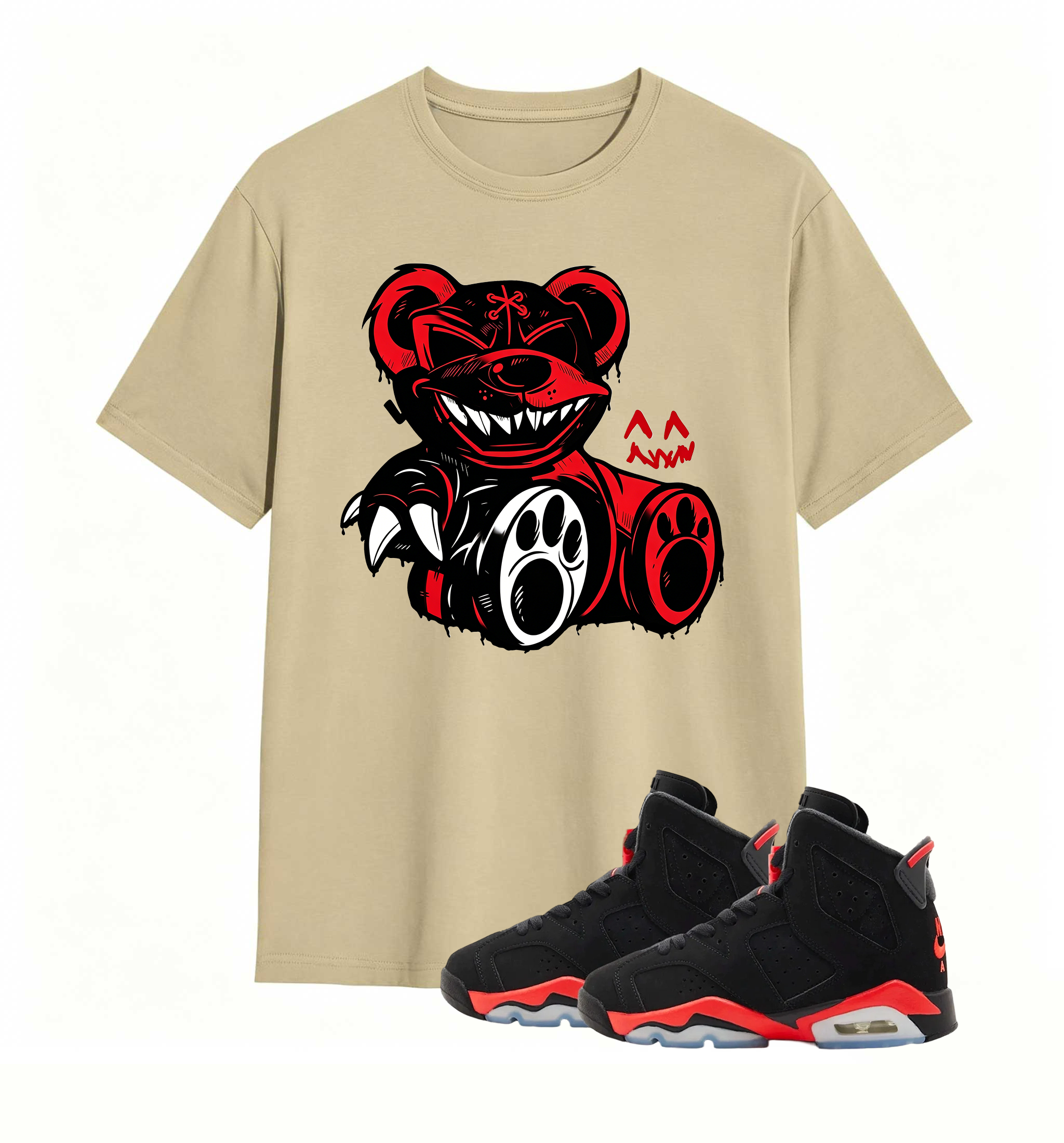 Red-accent bear graphic tee, elevates my AJ6 fit