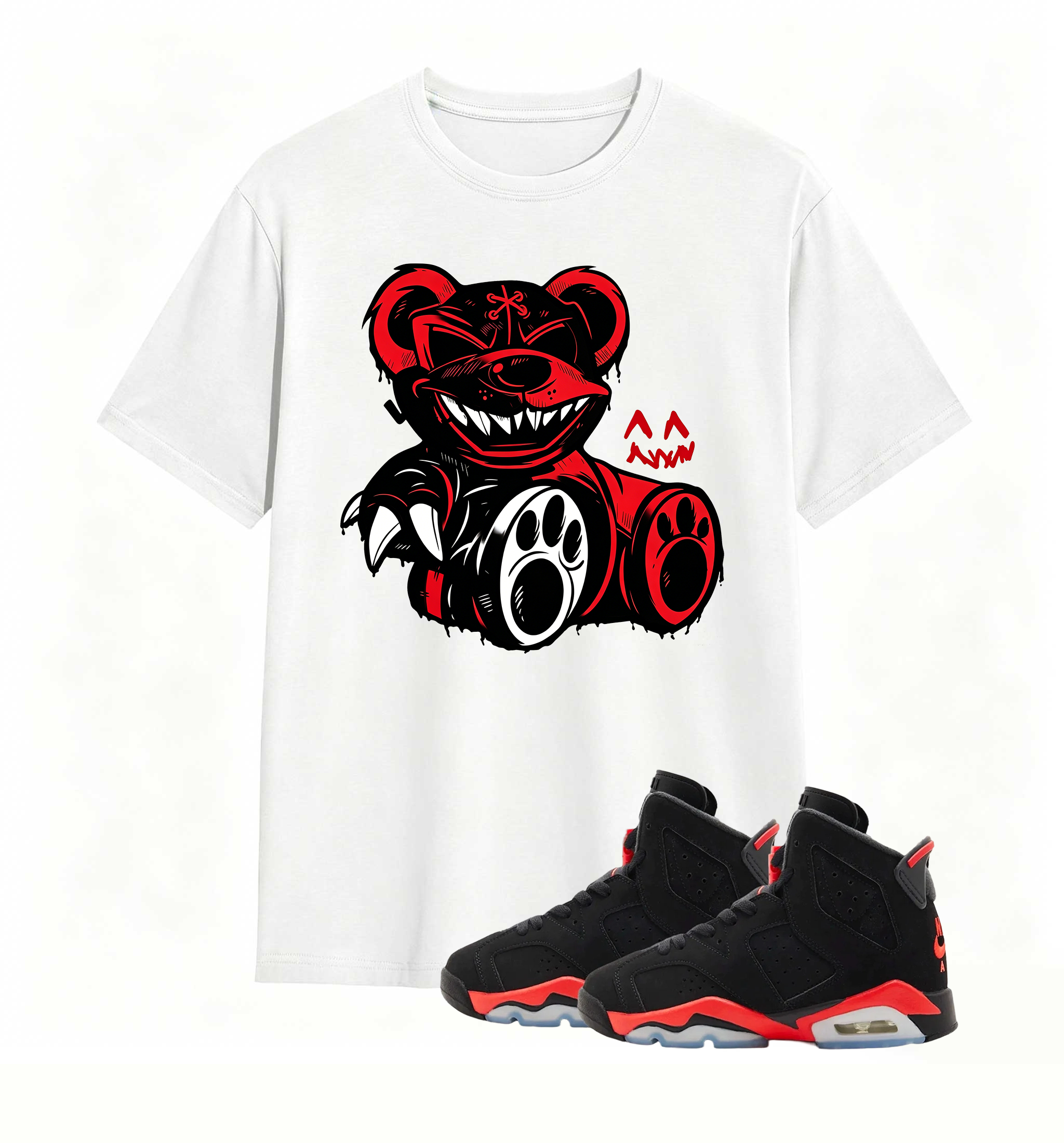 Red-accent bear graphic tee, elevates my AJ6 fit