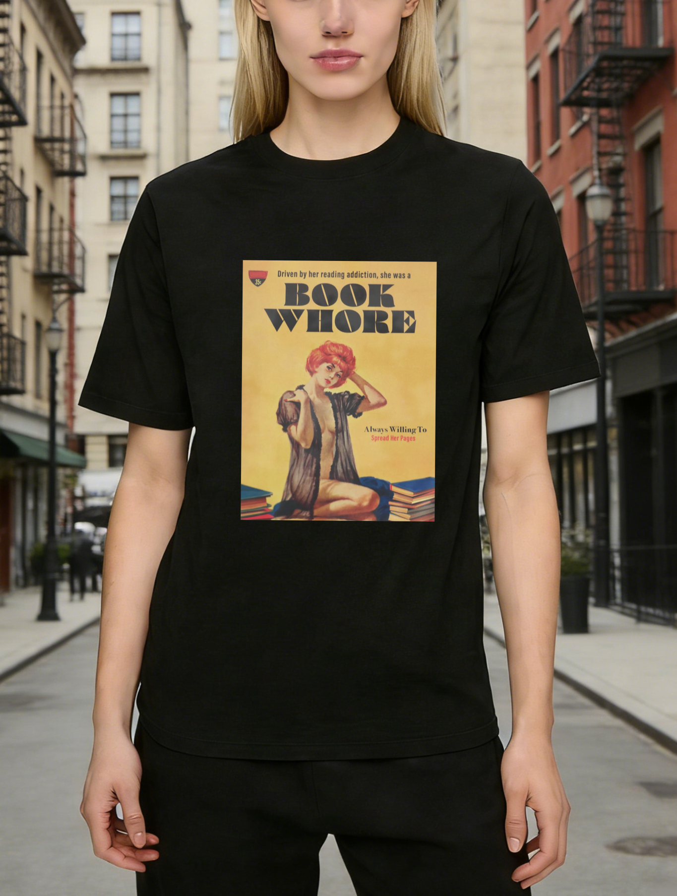 Book Whore Vintage Pinup Reading Scene tshirt 100% cotton