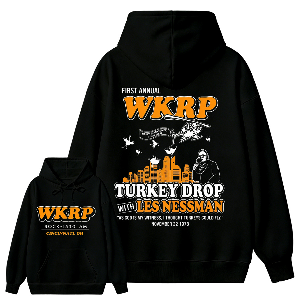 WKRP Turkey Drop T-Shirt, Les Nessman Thanksgiving Graphic hoodie