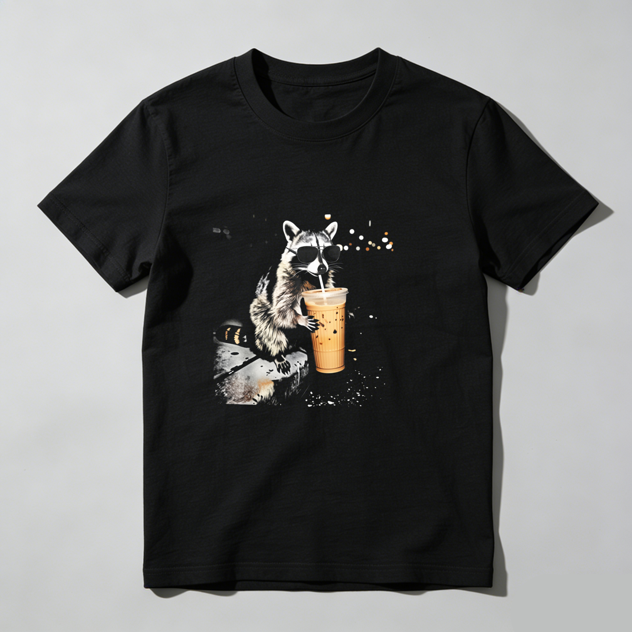 Raccoon Drinking Iced Coffee With Straws tshirt 100% cotton