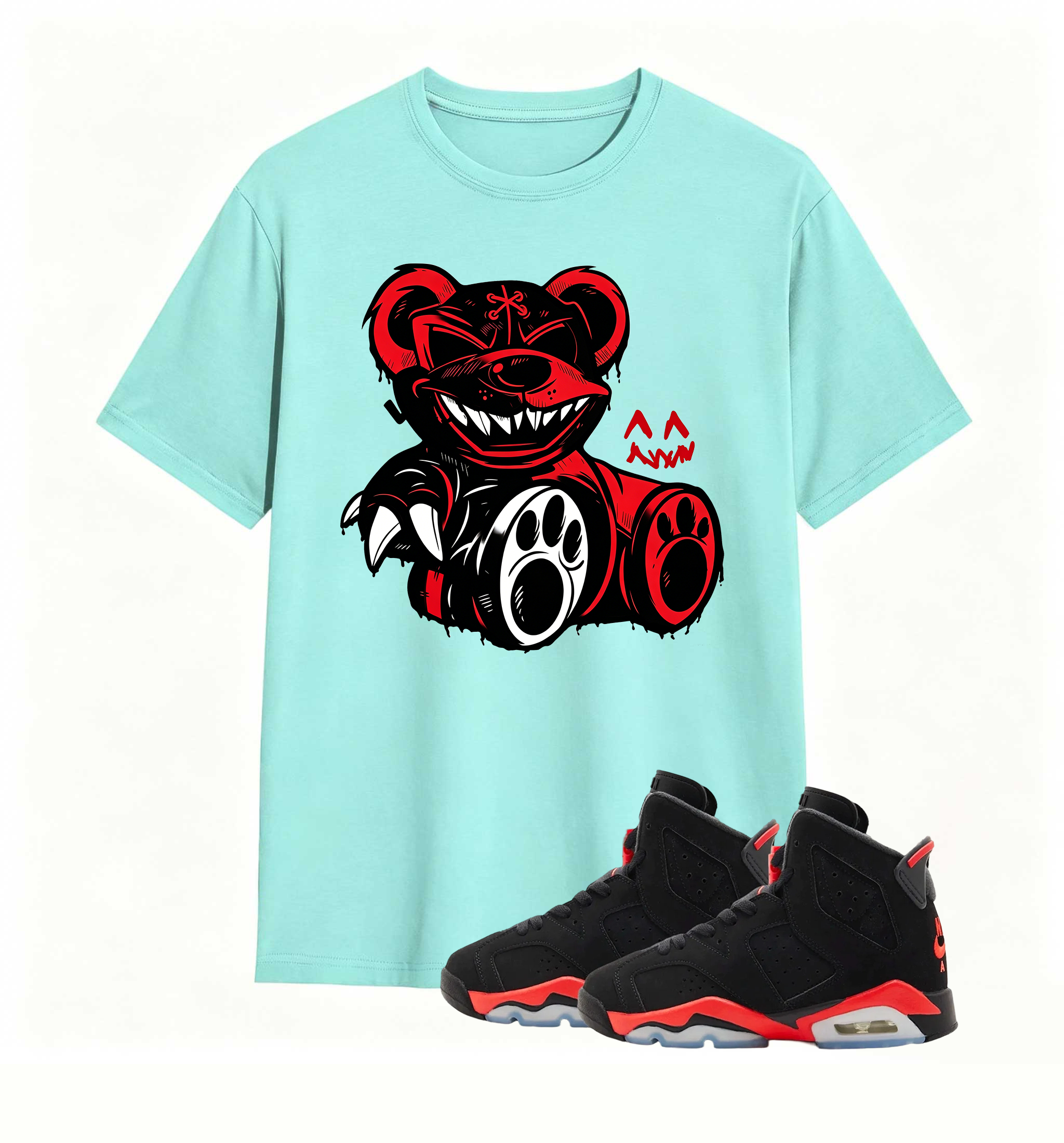 Red-accent bear graphic tee, elevates my AJ6 fit