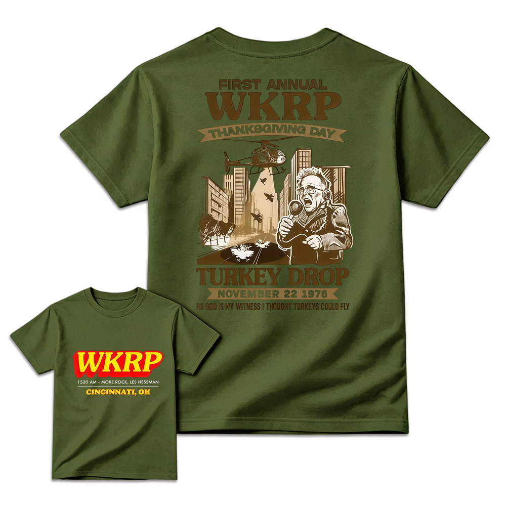 WKRP Theme 1st Annual Thanksgiving Shirt Cotton Graphic Tee - Cincinnati Themed, Basic, Relaxed Cut, Casual Fit, Comfortable, Short Sleeve, Round Neck, , Sports Top