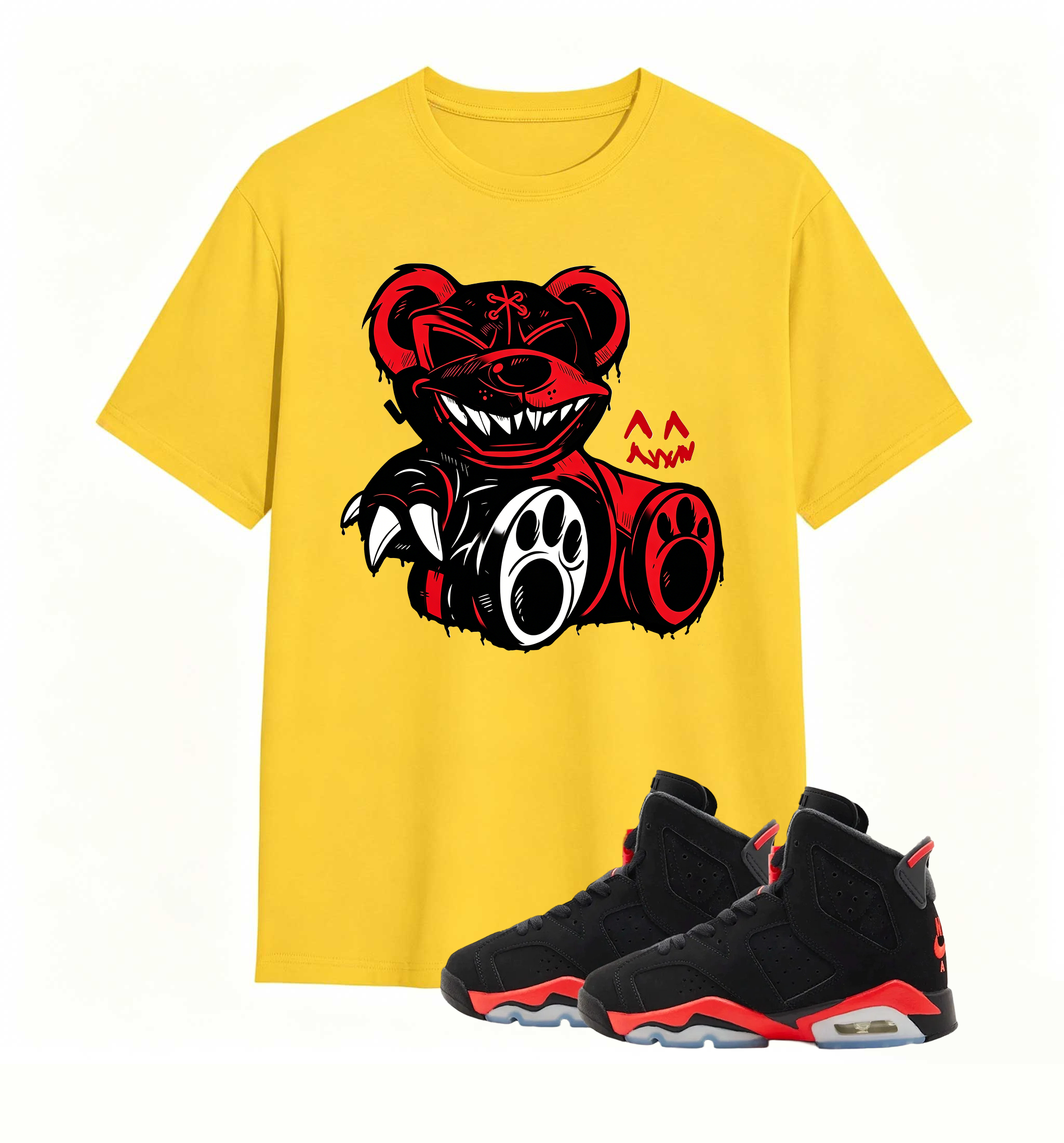 Red-accent bear graphic tee, elevates my AJ6 fit