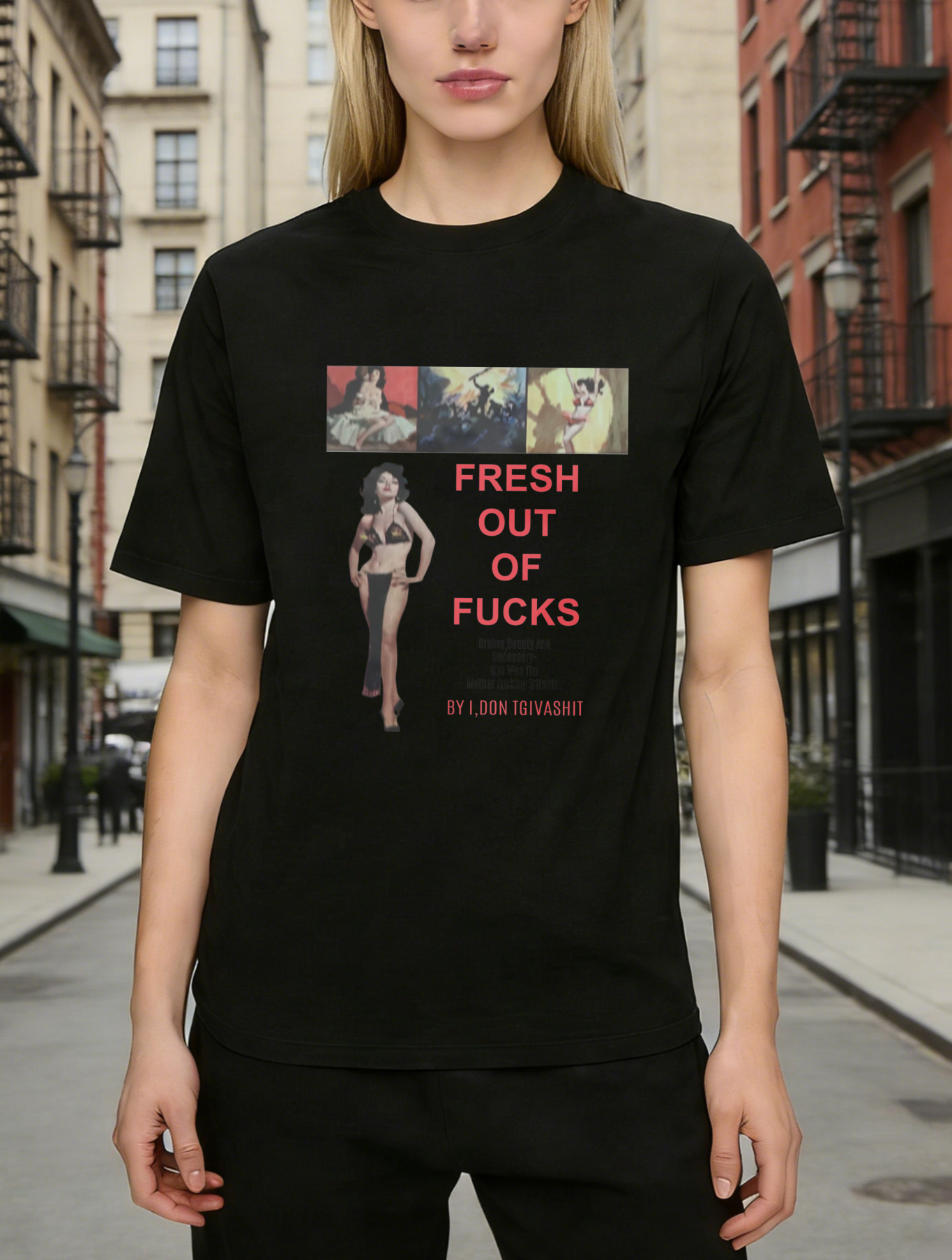 Fresh Out Of Fucks with a woman and three images tshirt 100% cotton