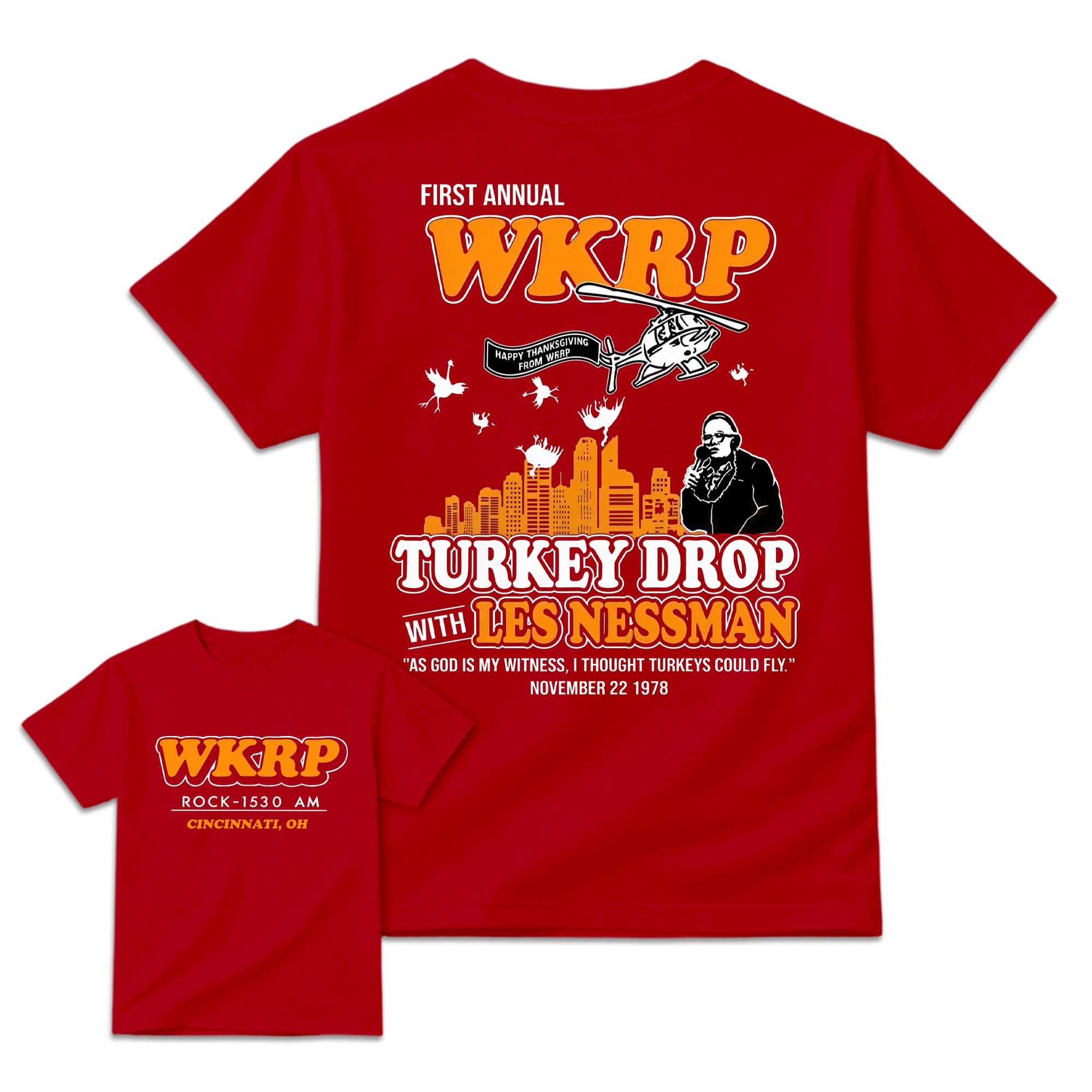 WKRP Turkey Drop T-Shirt, Les Nessman Thanksgiving Graphic Tee