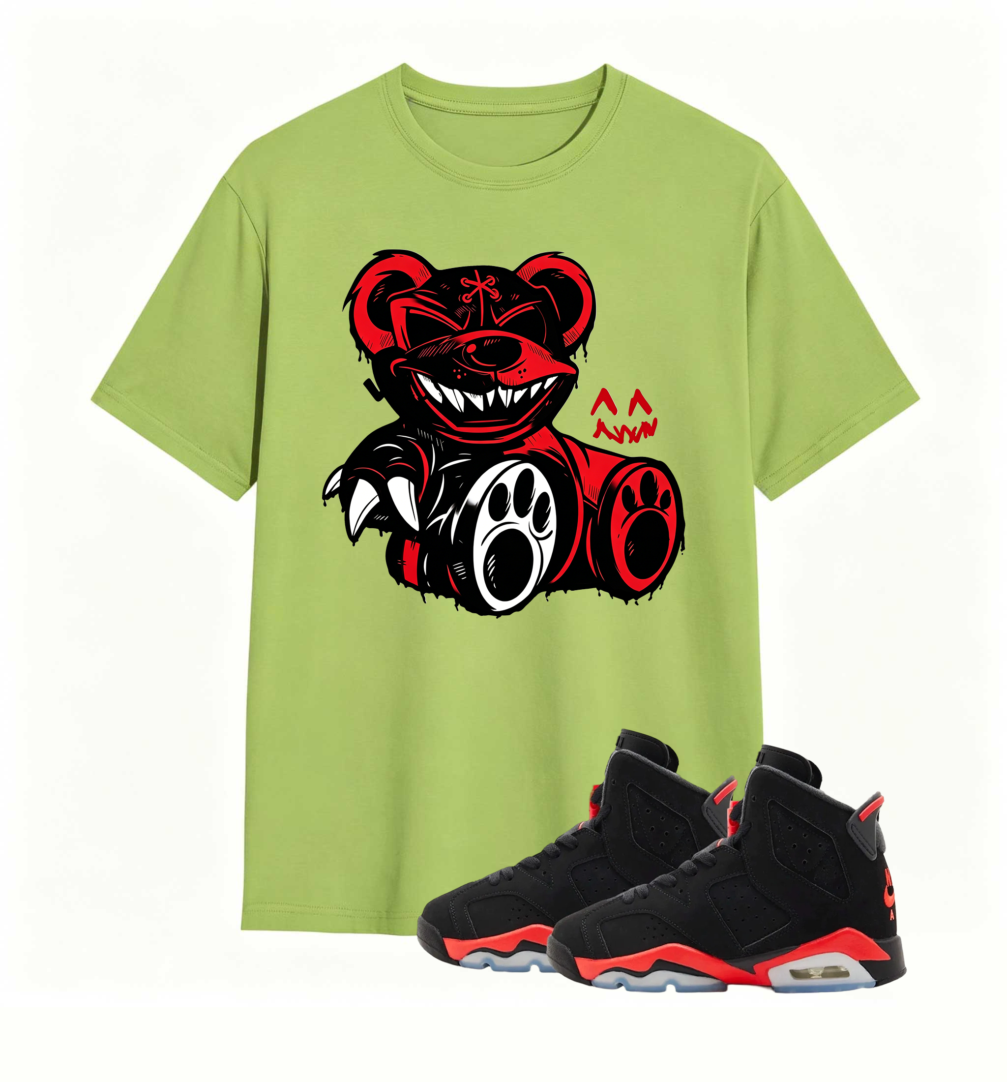 Red-accent bear graphic tee, elevates my AJ6 fit