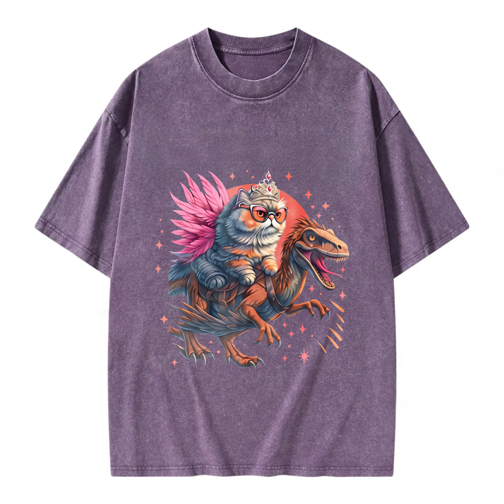 Unisex Washable T-shirt Cat Riding Dinosaur With Crown