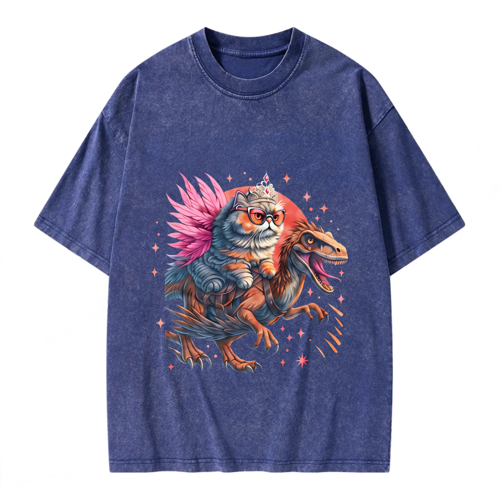 Unisex Washable T-shirt Cat Riding Dinosaur With Crown