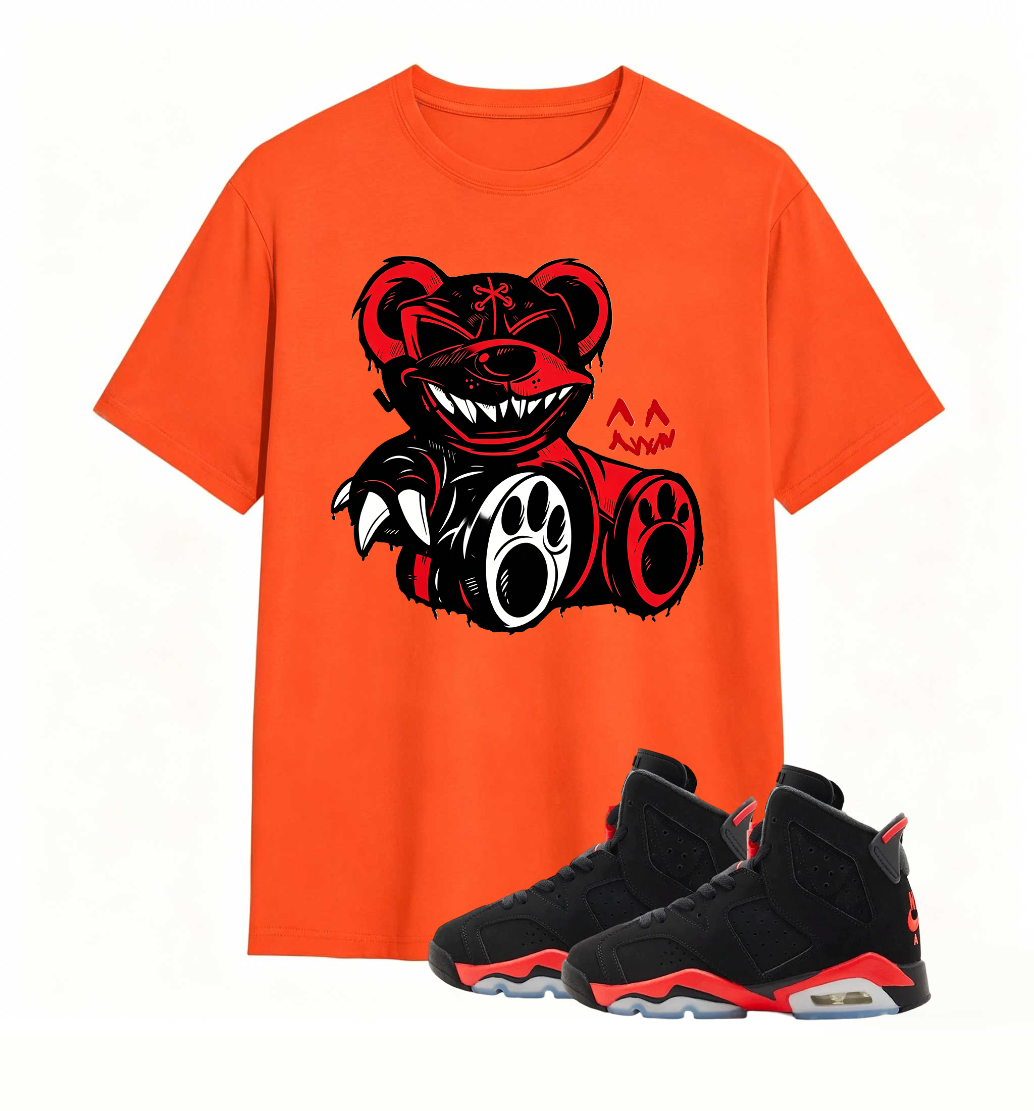 Red-accent bear graphic tee, elevates my AJ6 fit