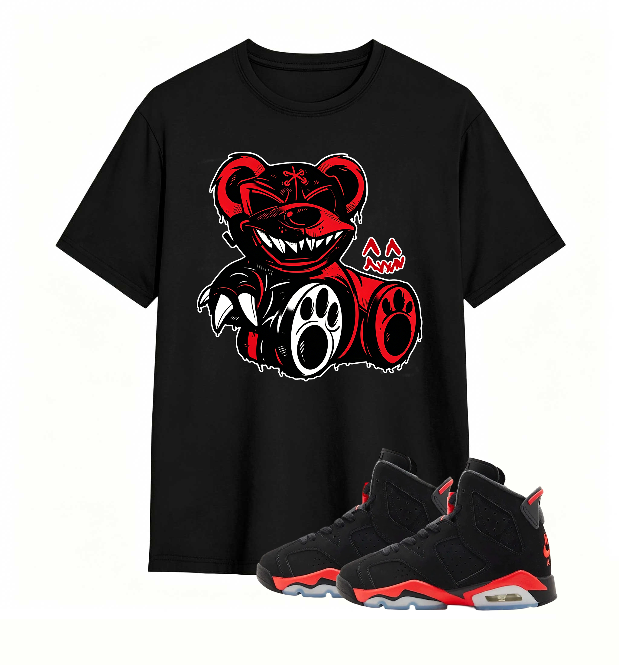 Red-accent bear graphic tee, elevates my AJ6 fit