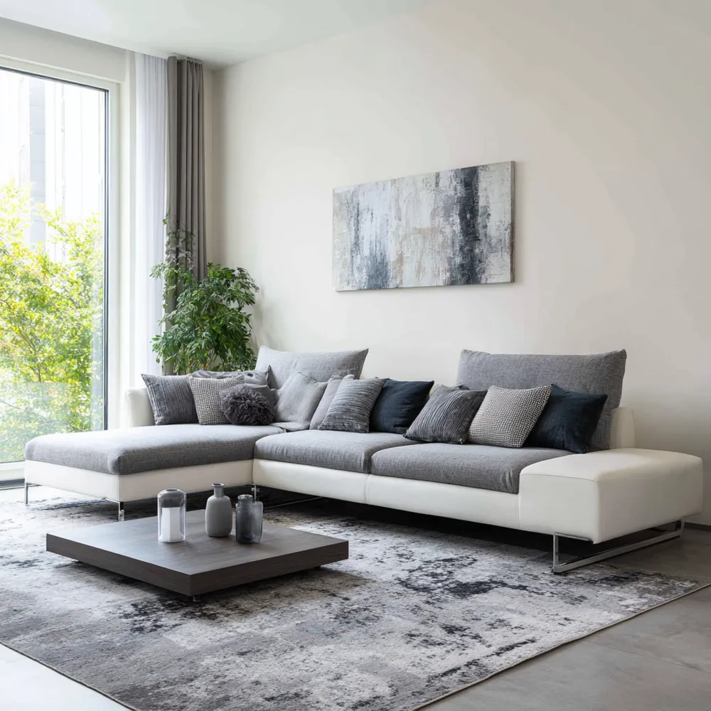 Ecksofa-Set Stoff Leder 300x200x85 cm – Hellgrau/Weiß – Modernes Design