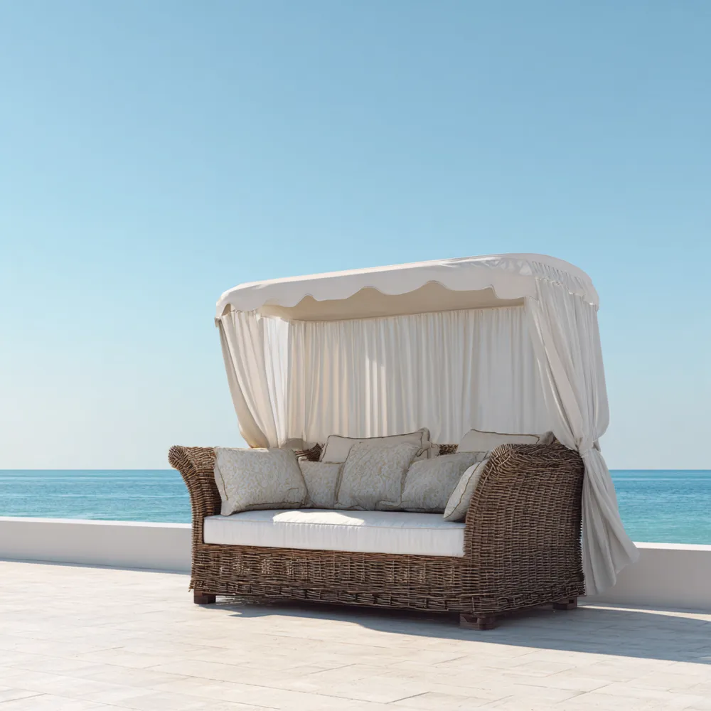Gartenliege aus Rattan 200x150x180 cm – Braun/Weiß – Mit Baldachin