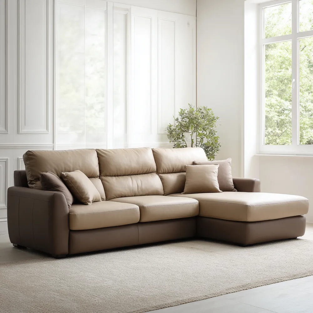 Canapé d'angle en cuir 250x160x85 cm - Beige/Marron - Design Moderne