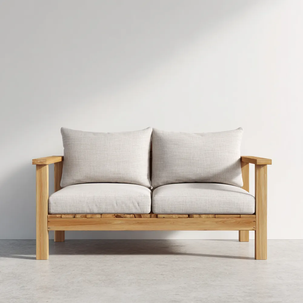 Canapé 2 places 140x75x80 cm - Cadre en bois de teck - Coussins Beige - Design minimaliste