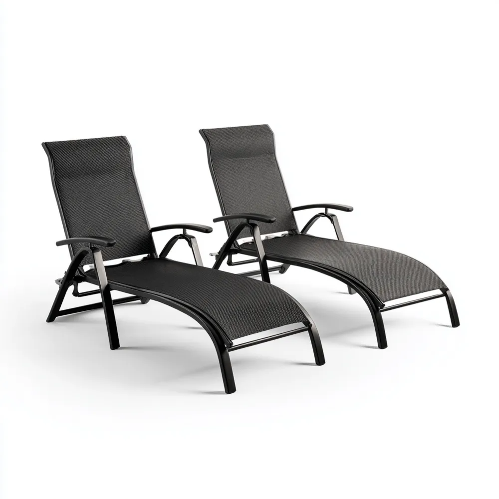 Sonnenliege Set 2 Stück Aluminium Textilene Schwarz - Verstellbar (190x60x35 cm)-Stoneivano
