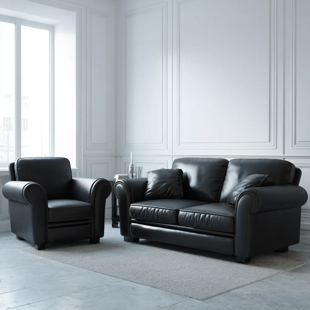 Sofa-Set Leder 2-Sitzer und Sessel – Schwarz – Klassisches Design 200x90x85 cm/100x90x85 cm-Stoneivano