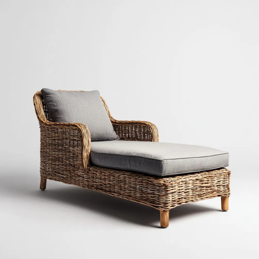 Gartenliege Rattan 200x70x80 cm – Natur/Grau mit grauem Polster-Easeivor