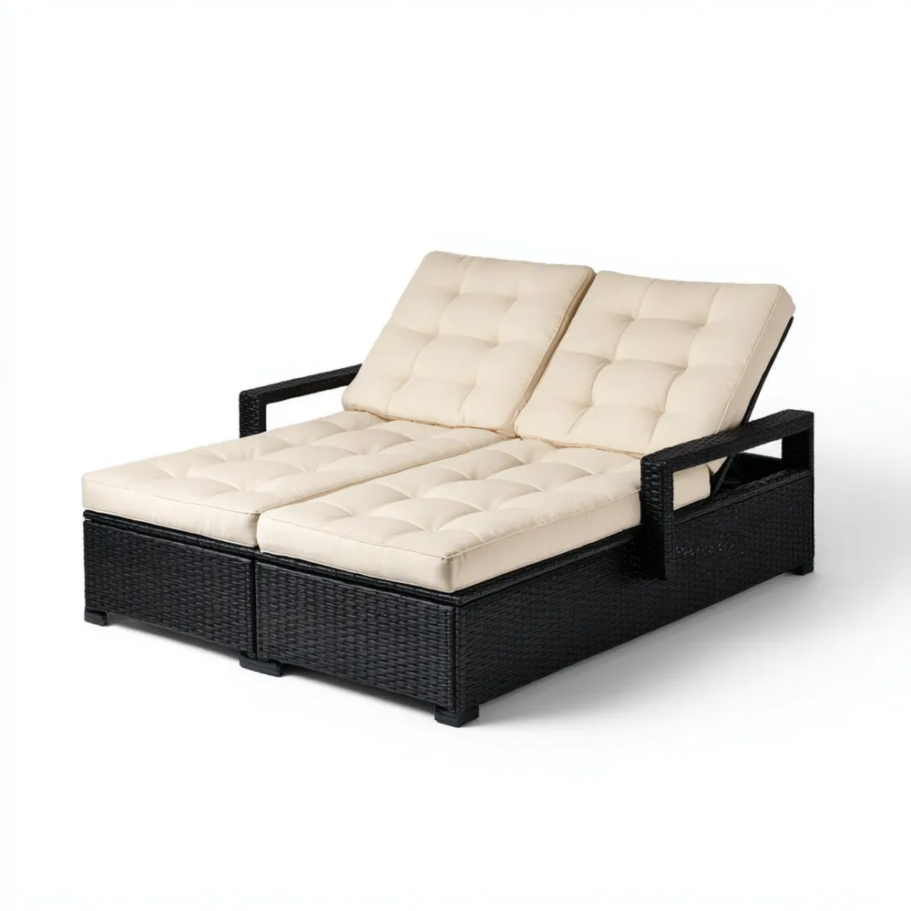 Doppelte Gartenliege Polyrattan 200x150x45 cm - Schwarz/Creme - Verstellbare Rückenlehnen-Relaxanero